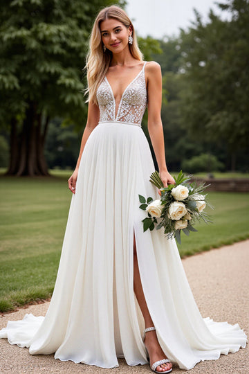 Chiffon Lace Ivory Appliques Deep V Neck A Line Wedding Dress